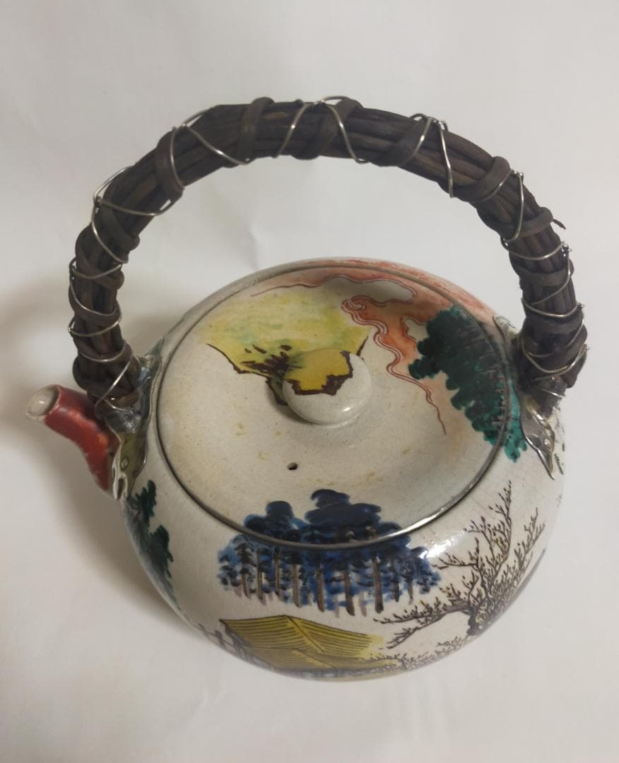 古九谷粟屋窯色絵山系図手付大急須銀の留め金