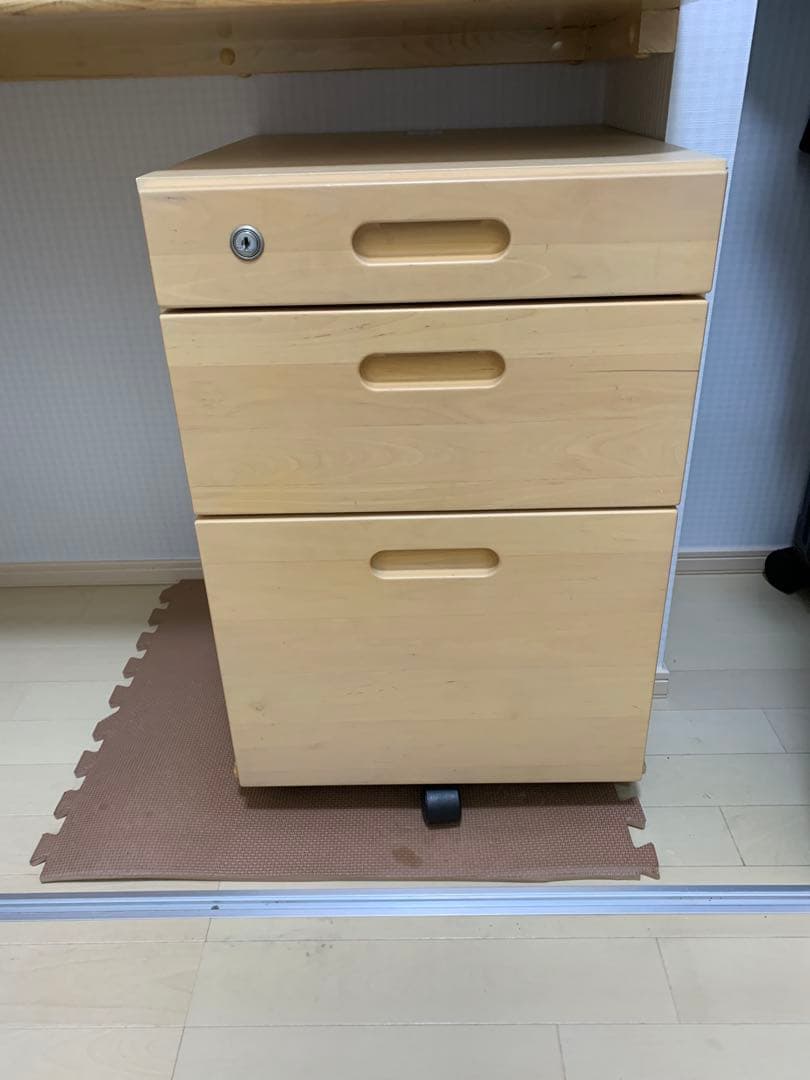 ナチュラル木製オフィスワゴン 3段引き出し 鍵付き