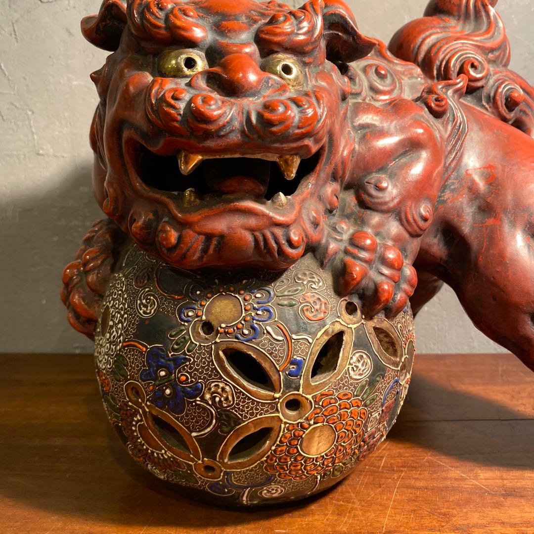 時代物 九谷焼 玉乗り獅子 置物 30cm超え 骨董品 魔除け オブジェ 古手