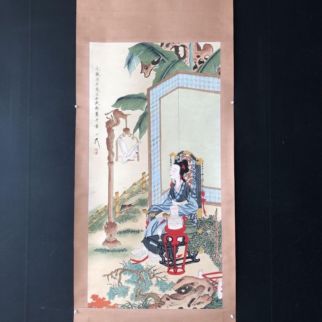 中国画 掛け軸 中堂 人物画 仕女 手描き 彩色 中国美術 インテリア