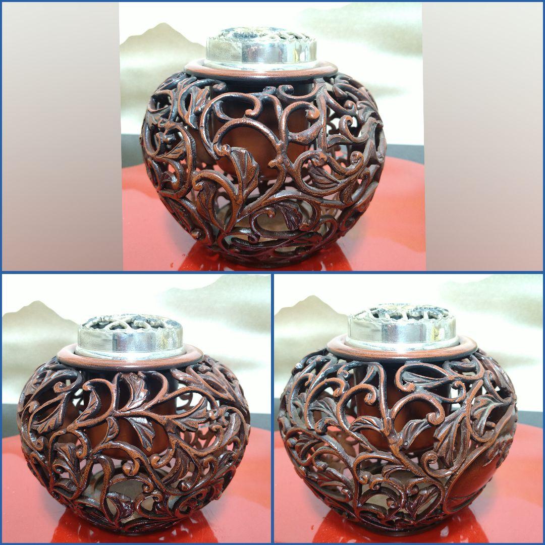 AG37 老岩作 香炉 透かし彫 金彩花図 銅製  共箱 未使用