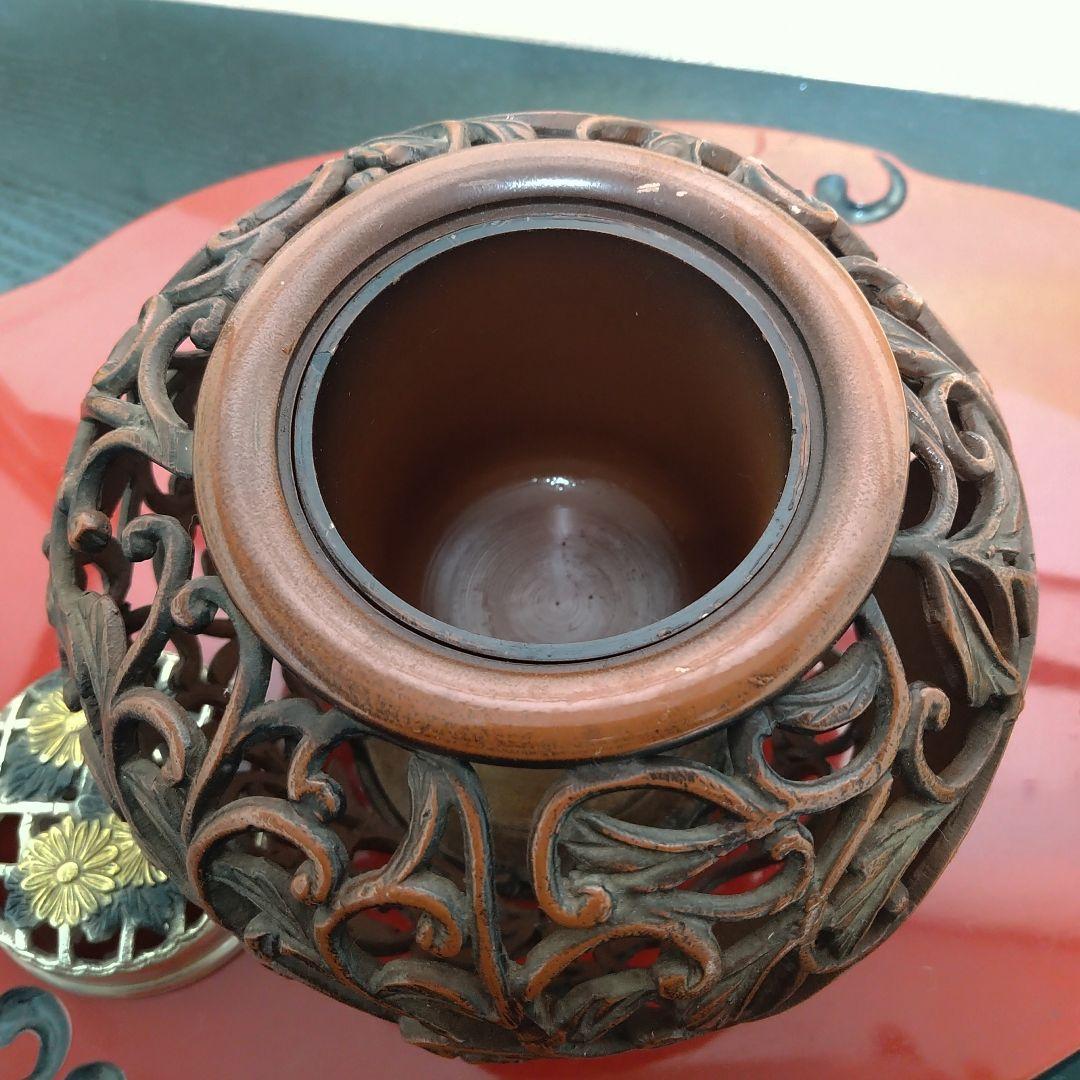 AG37 老岩作 香炉 透かし彫 金彩花図 銅製  共箱 未使用
