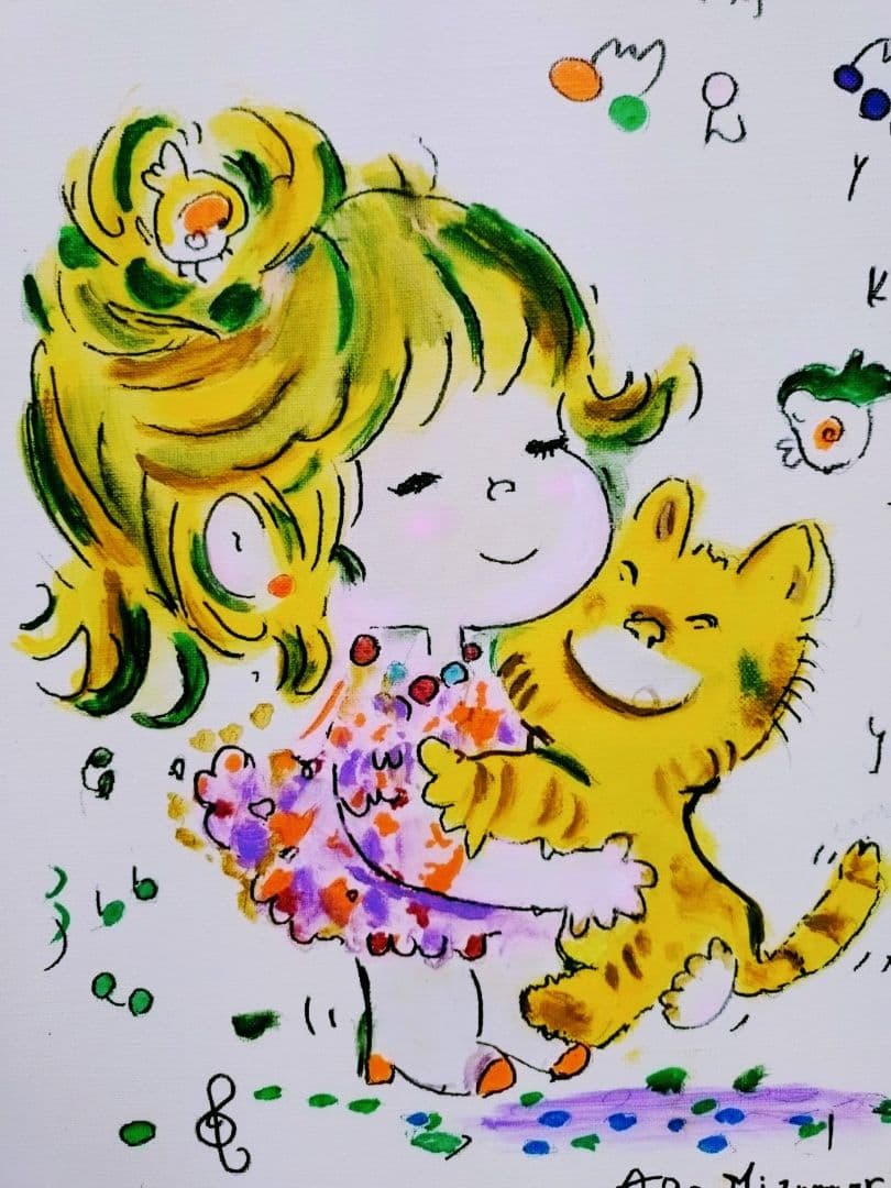 【F6号】水森亜土　手描き作品/表裏サイン・裏描き有/油彩/アクリル/額縁/額装