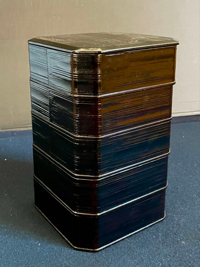 【美品】 利休形 一閑塗 五重 縁高 平安漆匠 鈴木 表朔 本堅地 ヘギ目 (Ｂ