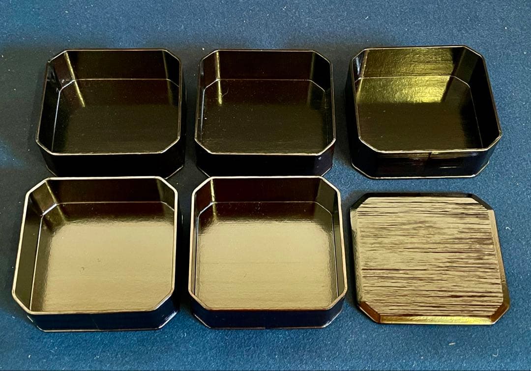 【美品】 利休形 一閑塗 五重 縁高 平安漆匠 鈴木 表朔 本堅地 ヘギ目 (Ｂ