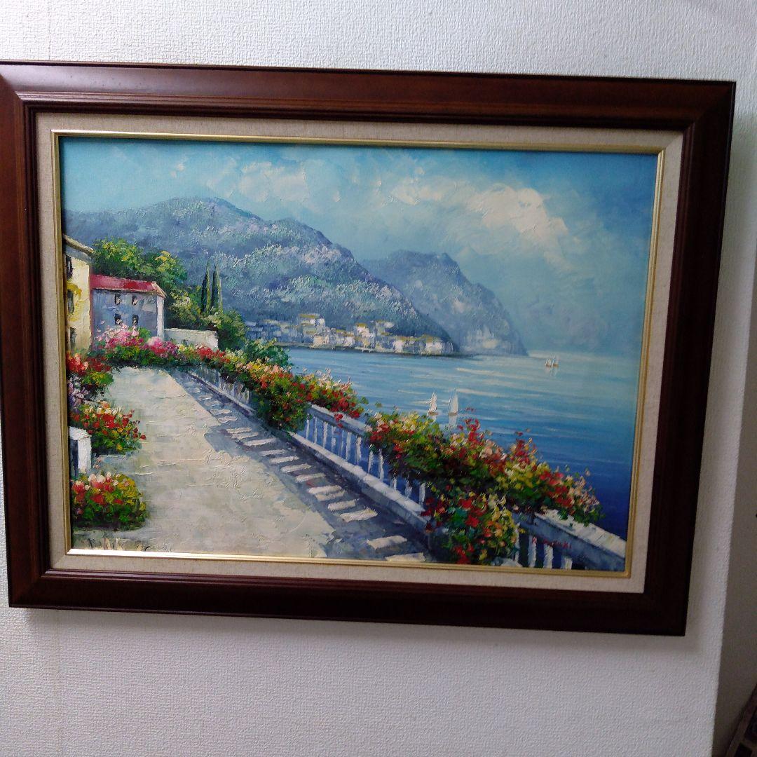 肉質油絵　横　特寸法　海岸の家　額装仕上げ品