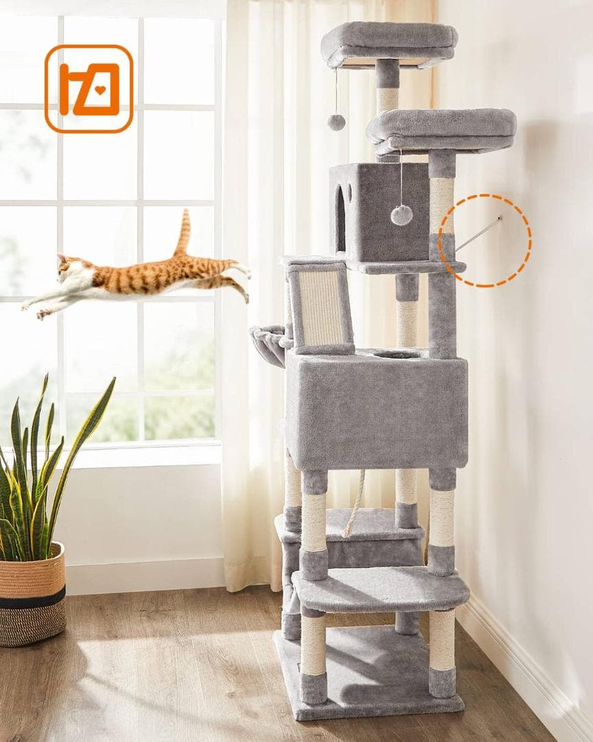 組み立て簡単な2m超のキャットタワー、多頭飼い向け