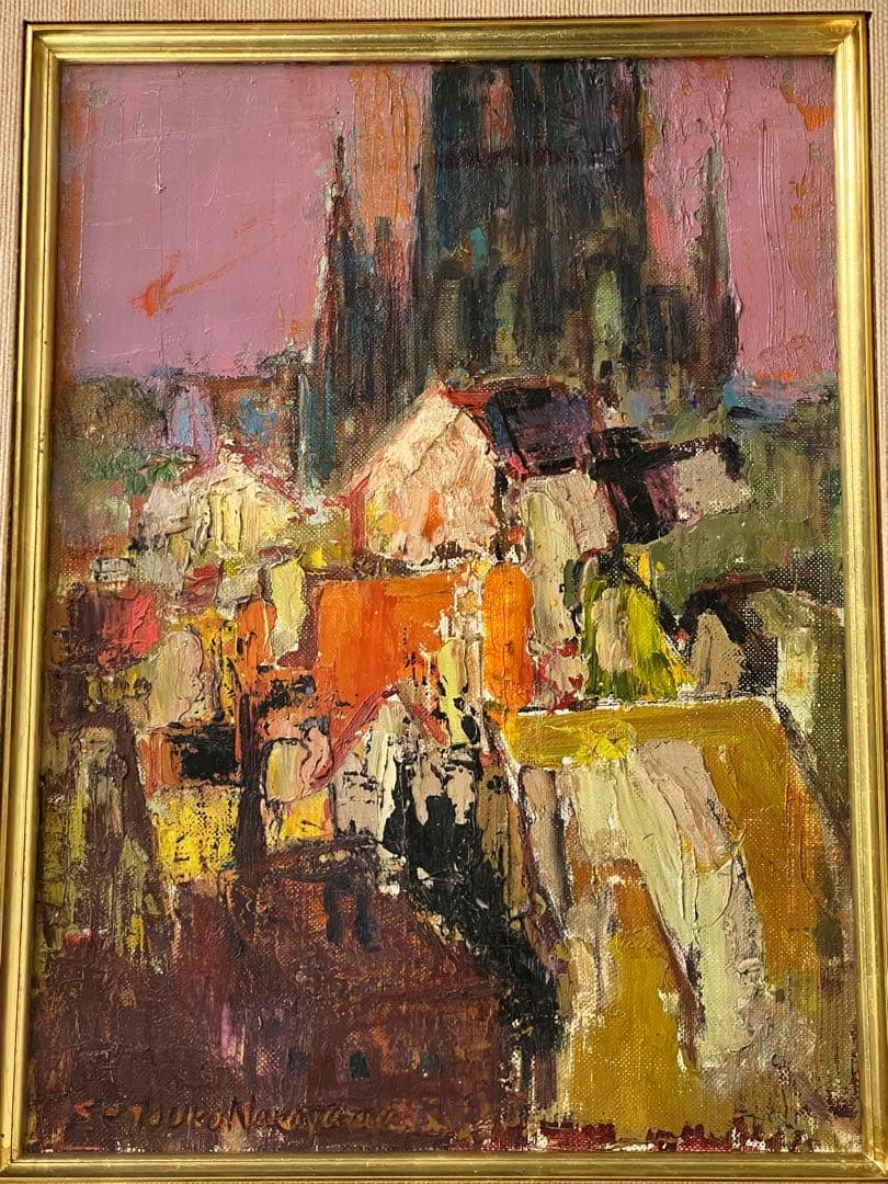 真作（中山節子)抽象油彩画 F. S. M. N. 金色フレーム