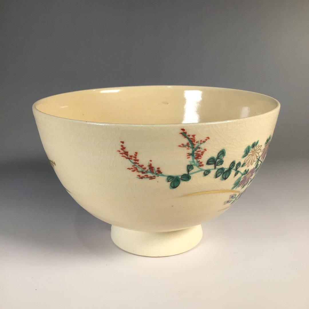 Ｍ１４３　茶碗　『淡島珉平造』『金彩秋草絵』　抹茶碗　共箱　茶道具