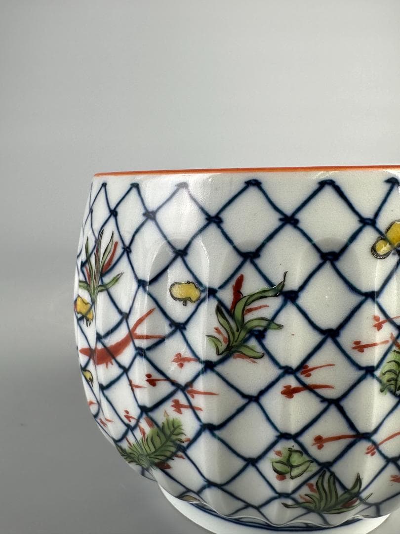 中国美術　小魚魚網文　南京赤絵 小茶碗　染付　華道具　唐物　時代　古玩