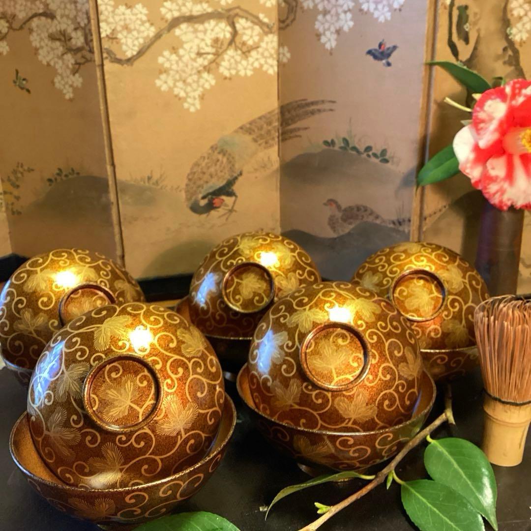 A1033 木製輪島塗　懐石道具　総梨地　松葉唐草　蒔絵　吸物椀　　5客