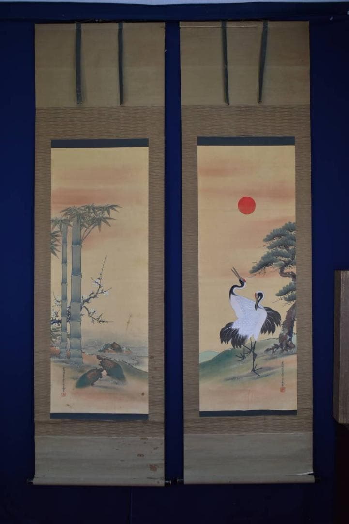 【真作】土佐光貞/土佐光学/合作/松竹梅鶴亀図/双幅/掛軸☆宝船☆AB-330