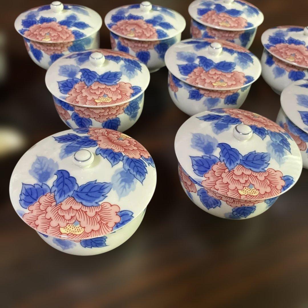 有田焼　有田有陶作　色牡丹絵柄　急須と蓋付き湯呑み10セット