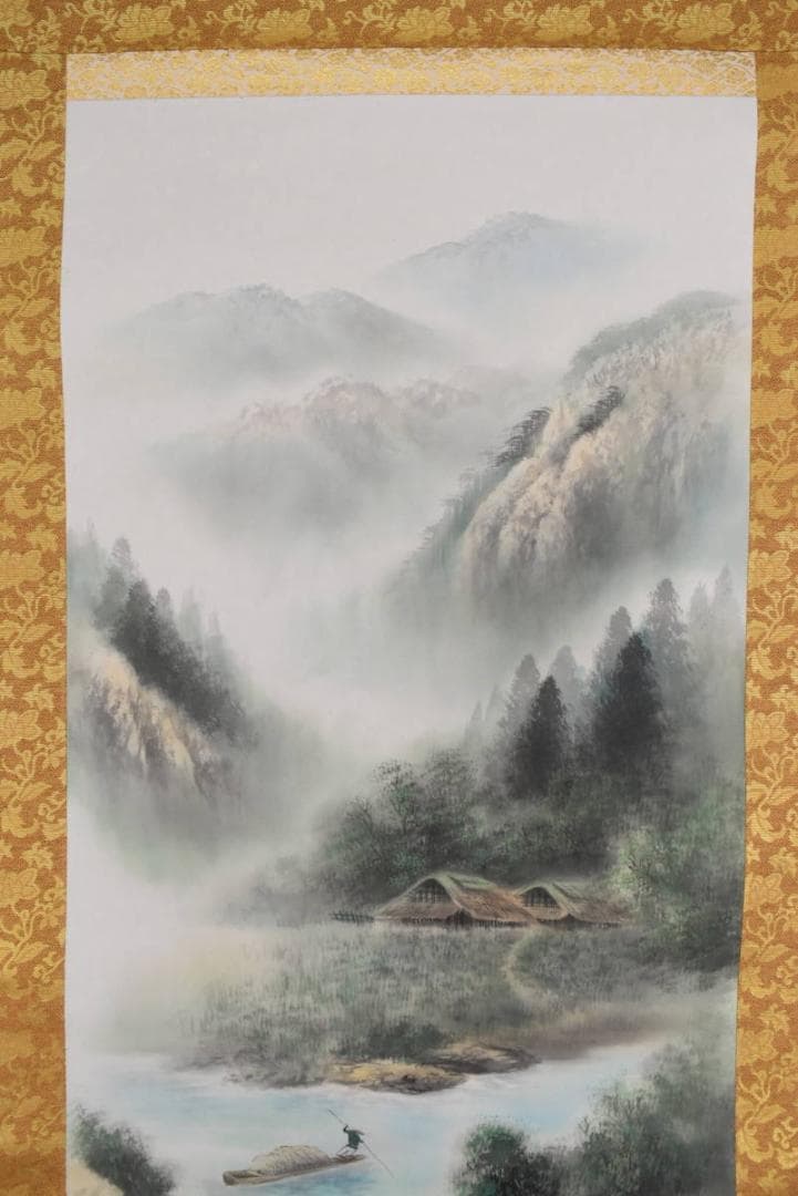 【真作】綾部栄照/彩色山水図/山水漁舟図/幅広/掛軸☆宝船☆AA-978