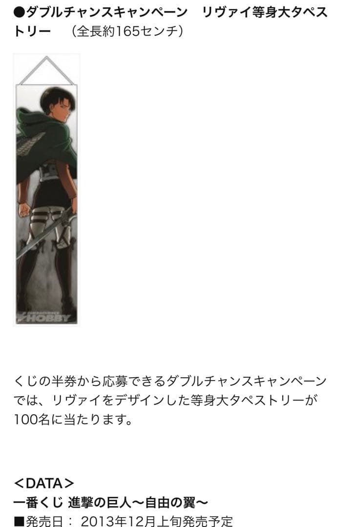 【超希少】進撃の巨人 一番くじ ダブルチャンス リヴァイ兵長 等身大タペストリー