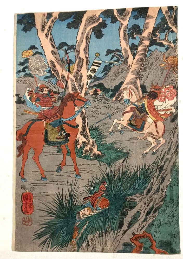 浮世絵版画、太平記合戦之図 三枚綴り歌川国芳画、弘化4年～嘉永5年出版