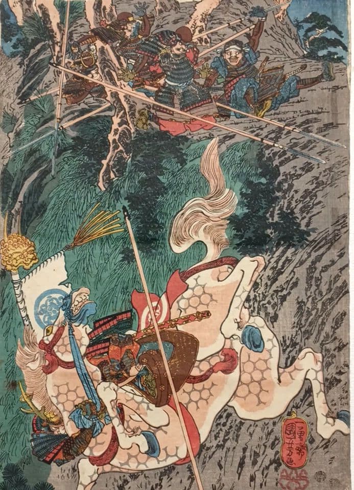 浮世絵版画、太平記合戦之図 三枚綴り歌川国芳画、弘化4年～嘉永5年出版