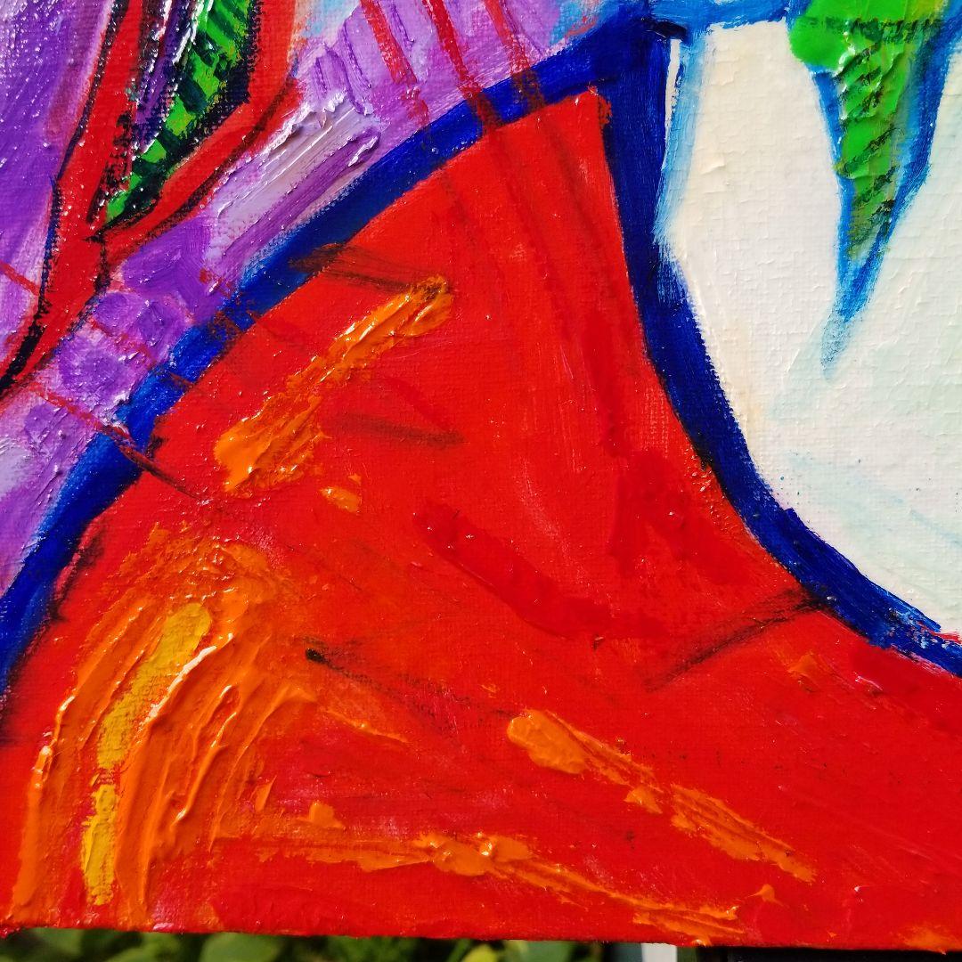 油絵　専用　赤いテーブルに置いた花瓶のお花　 抽象画