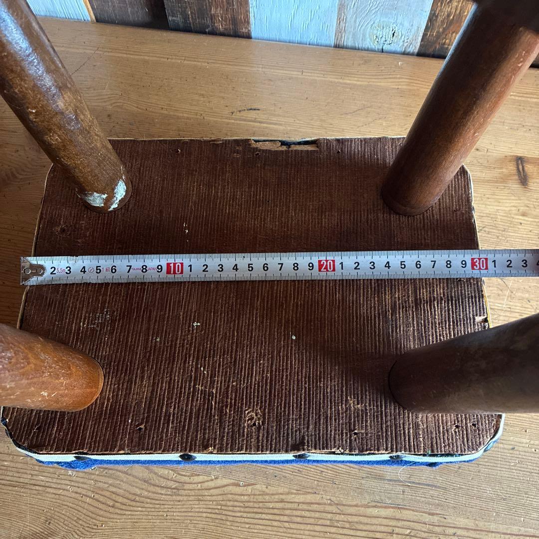 ネイビー布製クッションスツール　アンティーク　古家具　レトロ