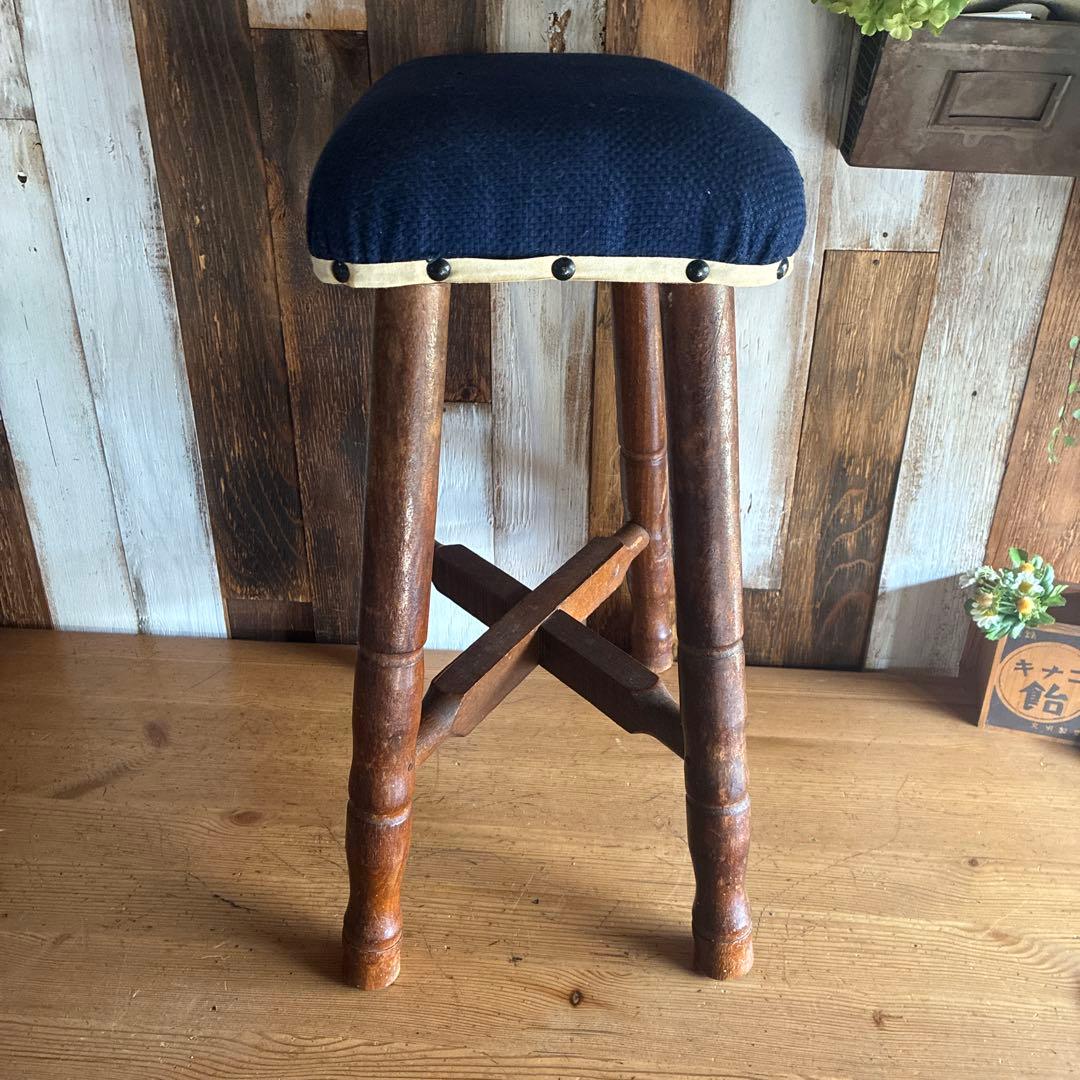 ネイビー布製クッションスツール　アンティーク　古家具　レトロ
