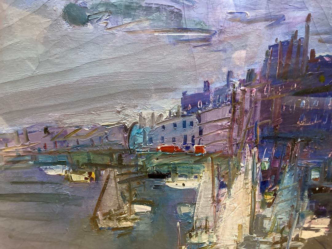 【額装/ガラス入】桐生照子『白い帆船』マリーナ風景 絵画（技法不詳）ヨット