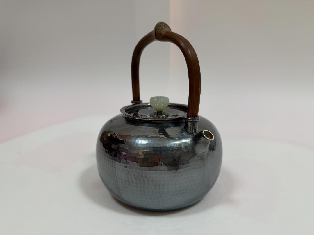 純銀製 玉石摘 鎚目紋 湯沸 銀瓶 煎茶道具
