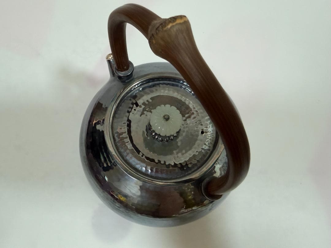 純銀製 玉石摘 鎚目紋 湯沸 銀瓶 煎茶道具