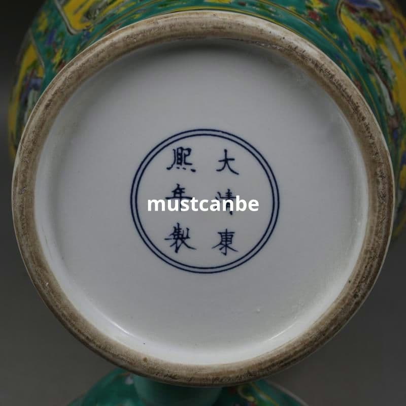 清康熙緑地粉彩人物松鶴将軍缶 景徳鎮 陶磁器 装飾品 現代工芸品 美術品 置物