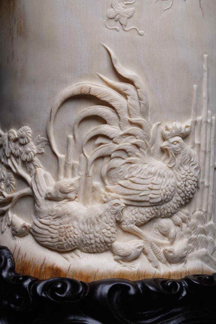 天然マンモス牙美しい手作り彫刻 金鶏報喜·一挙で有名になった 筆筒