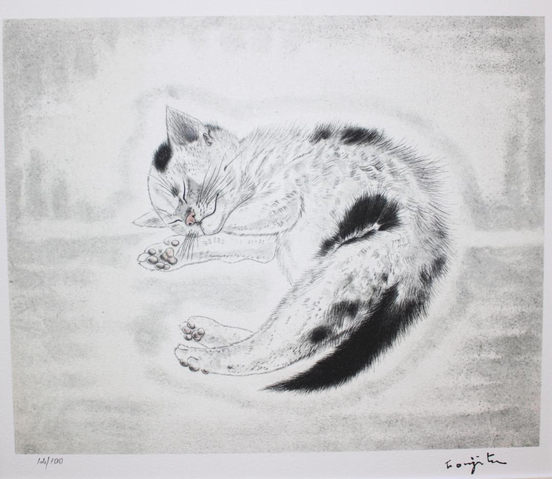 藤田嗣治 リトグラフ 猫十態より「眠る猫」 100部限定 12/100