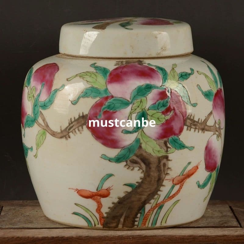 絵パステル九桃蓋缶 茶筒 景徳鎮 陶磁器 装飾品 現代工芸品 美術品 置物