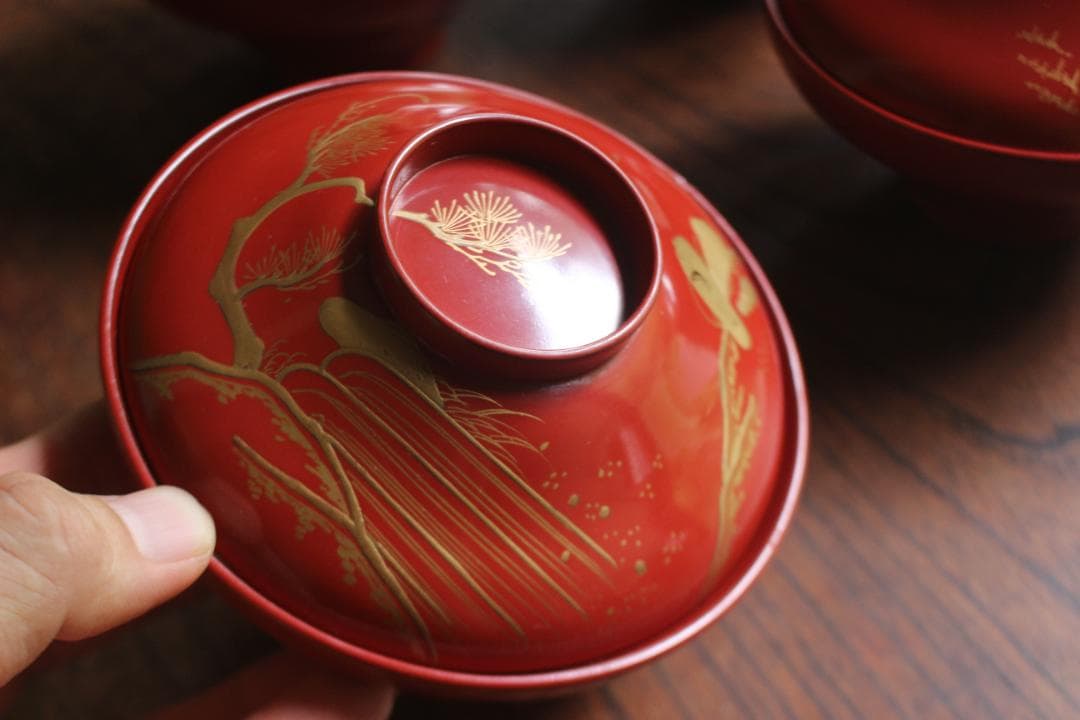 絵柄選択可！時代朱漆に優美な絵替風物蒔絵の映えるお椀7点（検輪島塗蒔絵椀