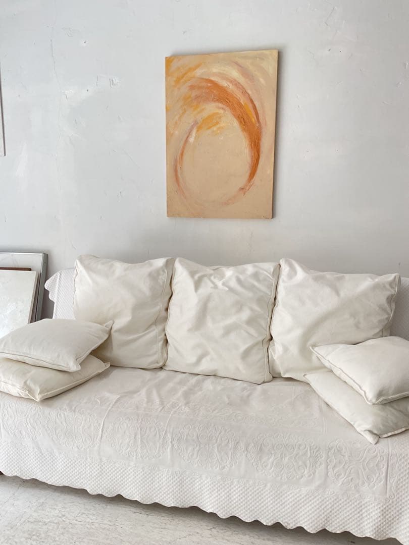 木製ベニヤパネルに描いたオリジナル抽象画オーバルシリーズ ベージュ系×ゴールド