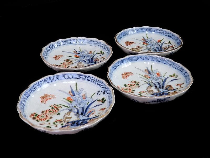 古伊万里　染錦　菖蒲に菊の図　４寸皿　４客　D870AS-BXo