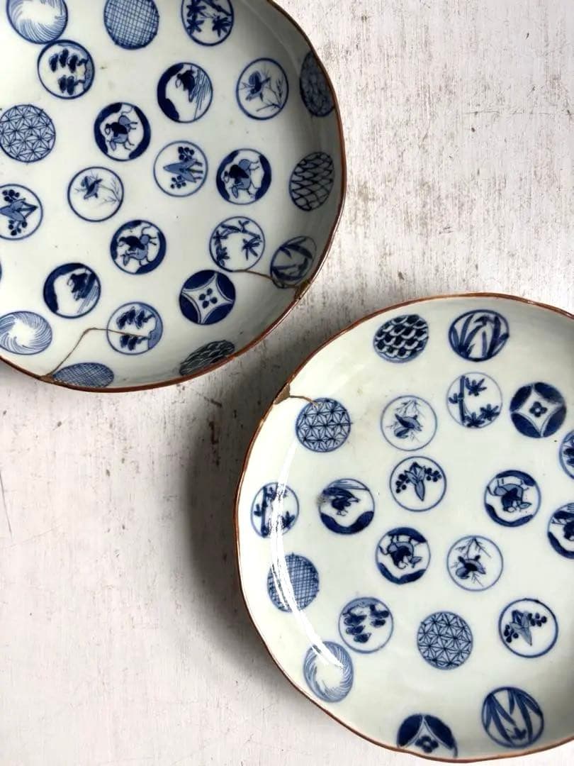 679 骨董 古伊万里 太明成化年製 丸紋染付5寸皿 2点組 幕末 金継ぎ