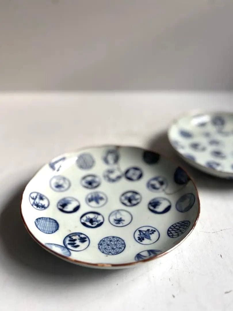 679 骨董 古伊万里 太明成化年製 丸紋染付5寸皿 2点組 幕末 金継ぎ