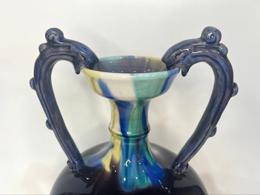 【人間国宝】三代 徳田八十吉 【正彦銘】彩釉 耳付壺 約37.5cm 龍耳