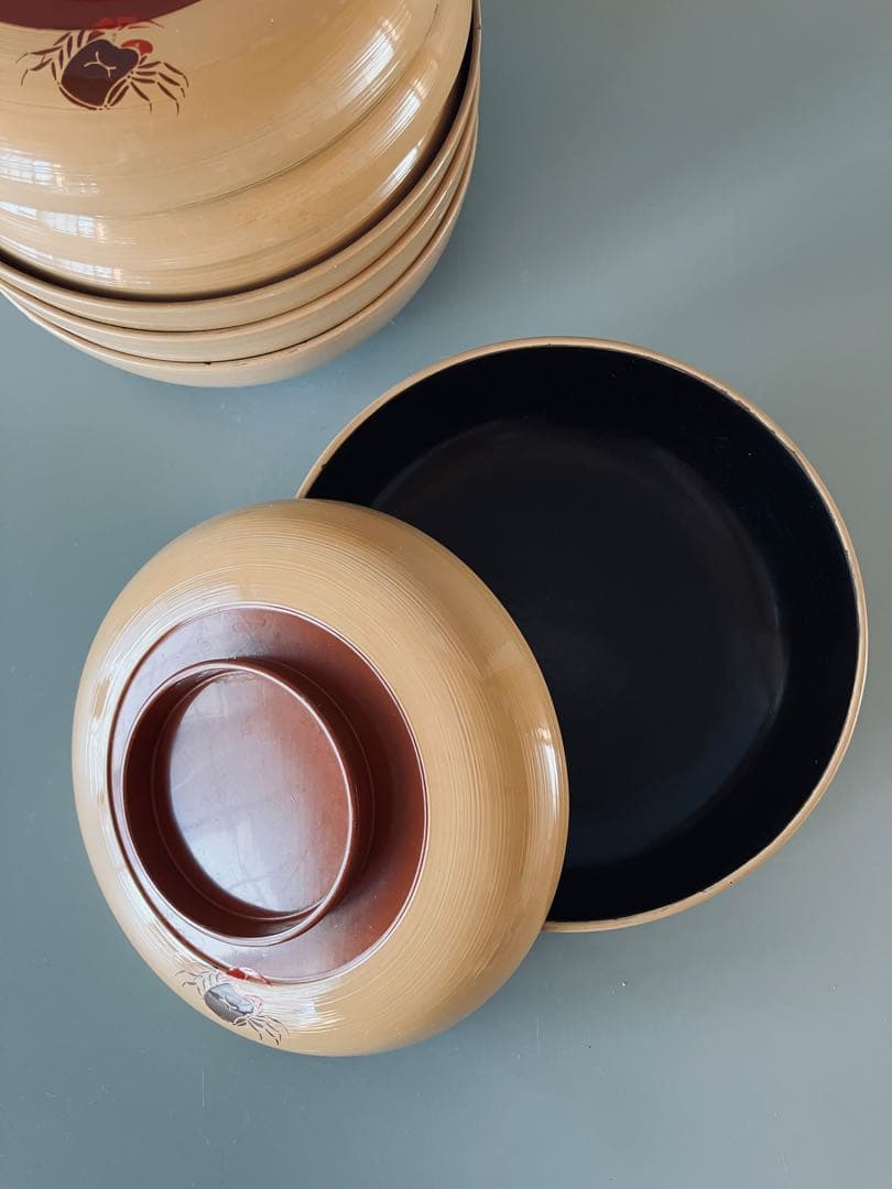 蟹文 白漆 蓋付椀 4組