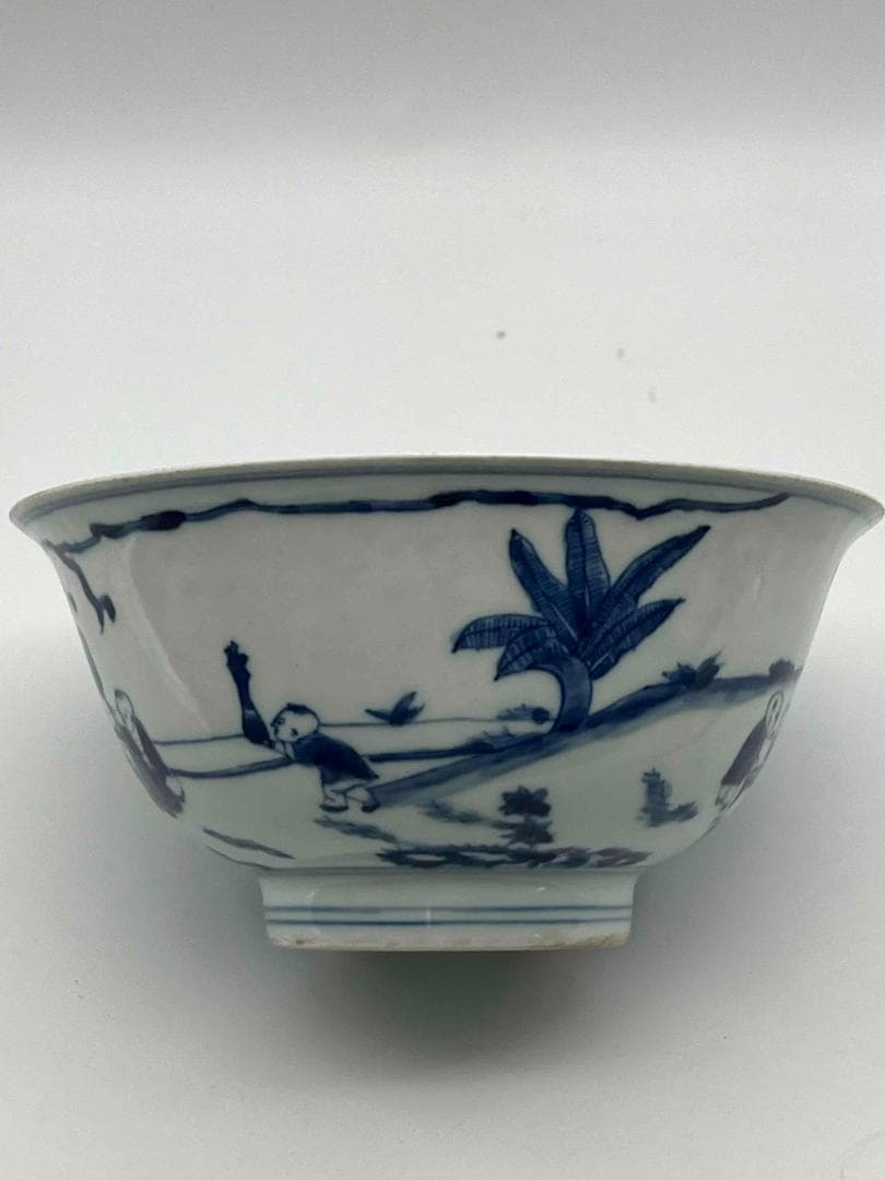 清康煕時代　染付 青花人物子供遊び図碗　青花茶碗　旧家コレクション(B-81)