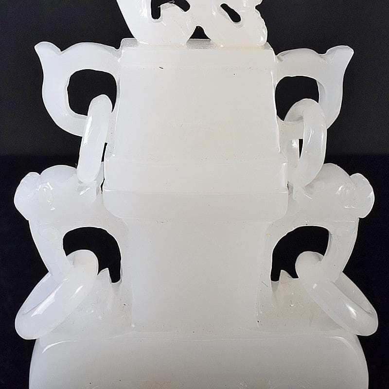 中国　玉石白玉彫刻　隻耳活環　飾壷　V　R7969