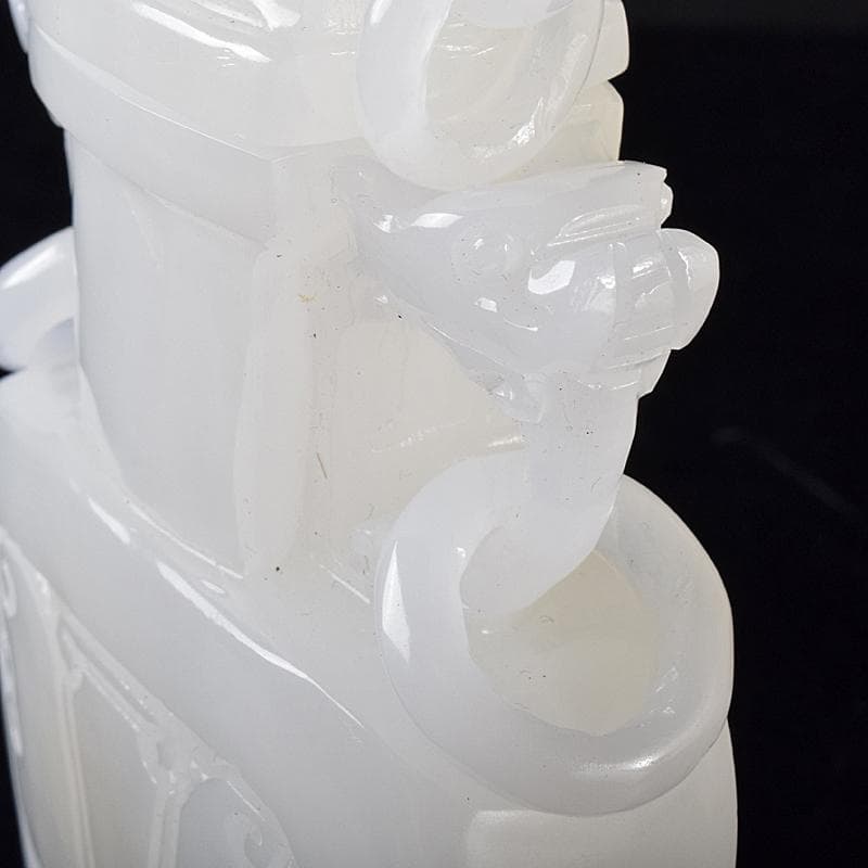 中国　玉石白玉彫刻　隻耳活環　飾壷　V　R7969