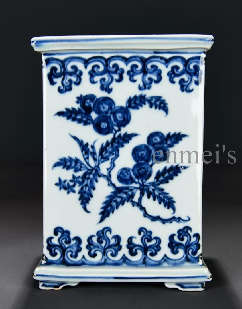 中国古美術・明宣徳年製款・青花折枝花果紋筆筒・青花磁・唐物・文房具・時代物・装飾