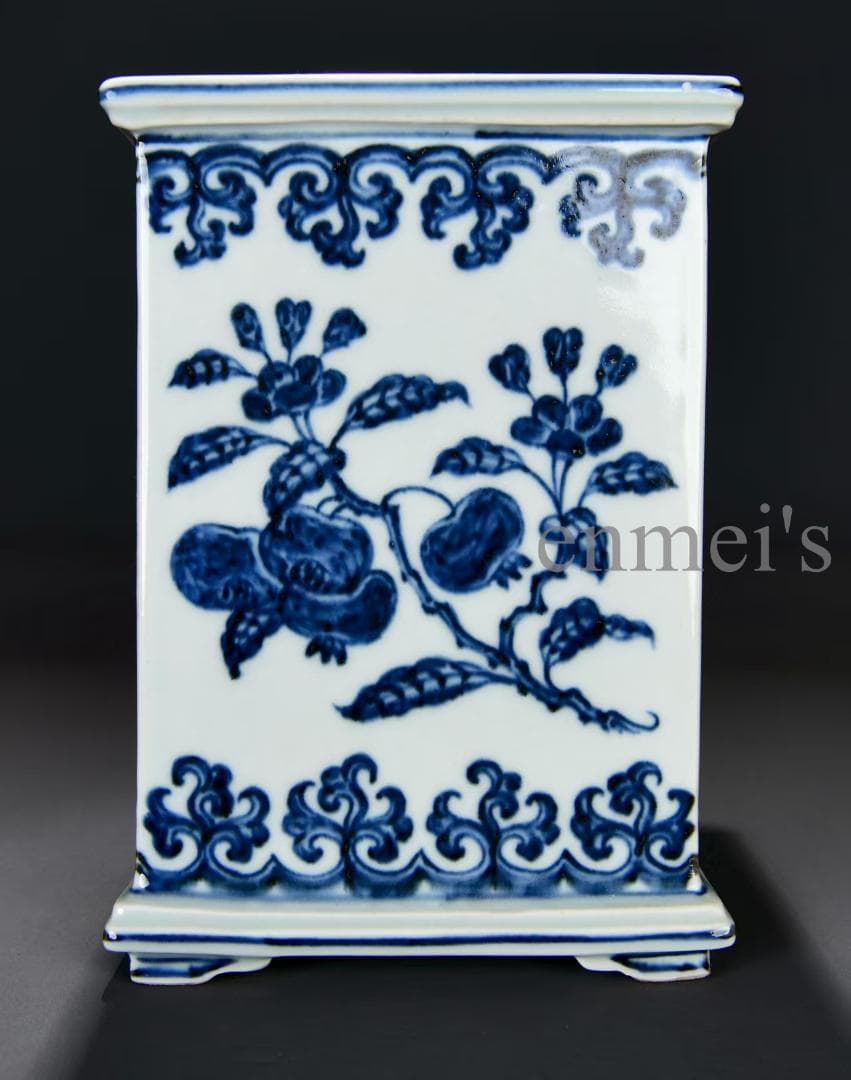中国古美術・明宣徳年製款・青花折枝花果紋筆筒・青花磁・唐物・文房具・時代物・装飾