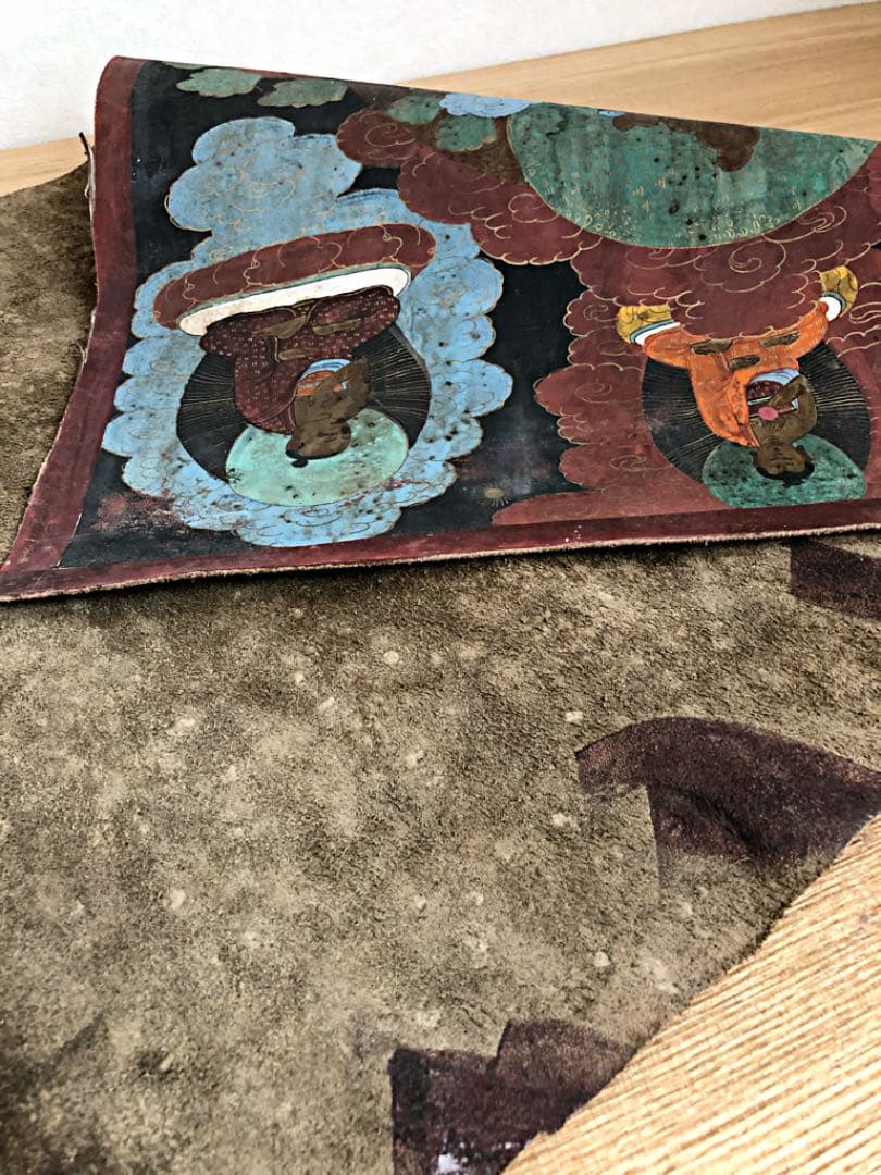 ③ 中国 仏教美術 古玩 曼荼羅 タンカ 手彩色 レザー