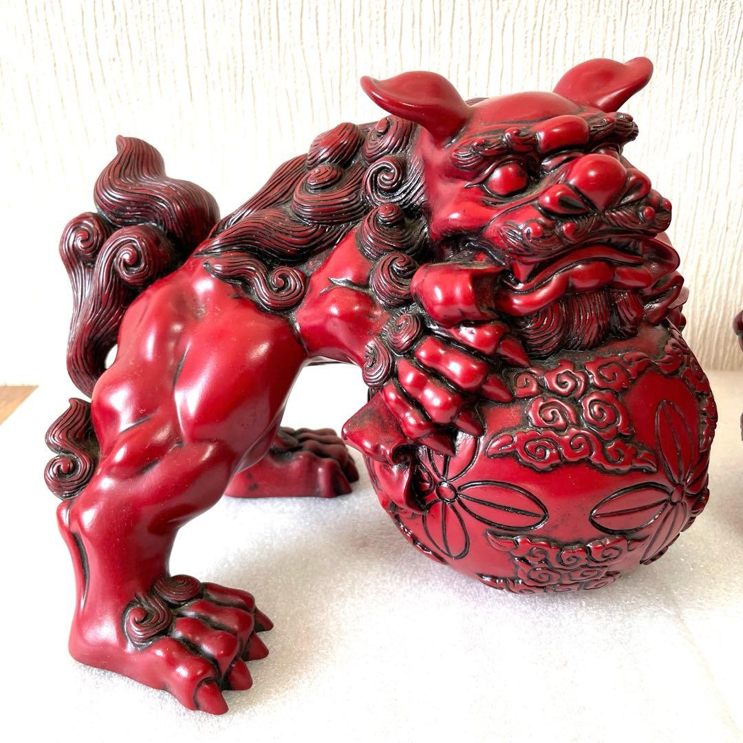 【送料無料】シーサー　寿山石　赤色 獅子像 置物 2体セット　大　魔除け