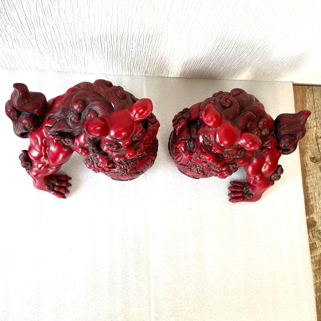 【送料無料】シーサー　寿山石　赤色 獅子像 置物 2体セット　大　魔除け