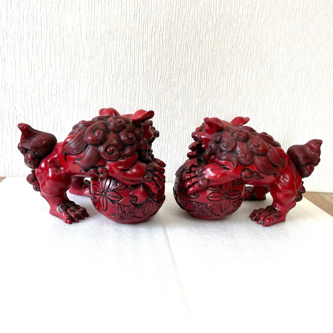 【送料無料】シーサー　寿山石　赤色 獅子像 置物 2体セット　大　魔除け