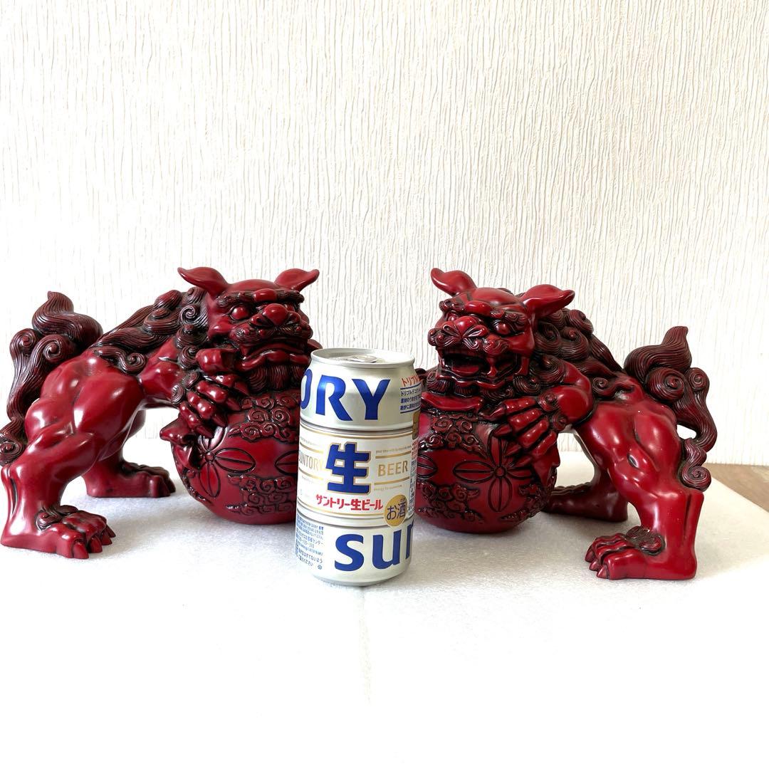 【送料無料】シーサー　寿山石　赤色 獅子像 置物 2体セット　大　魔除け