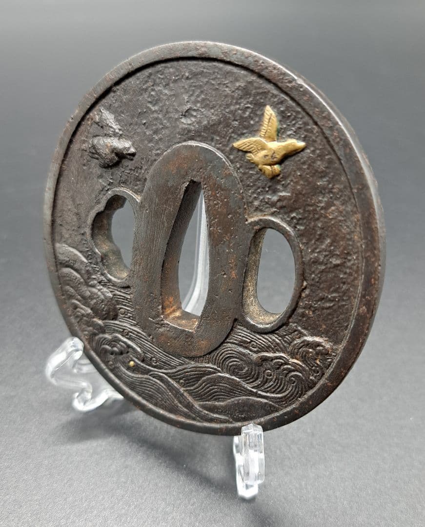 三日月波千鳥鉄鍔 安盟在銘鐔 時代物 武具 刀 日本刀 刀装具 真剣 居合い