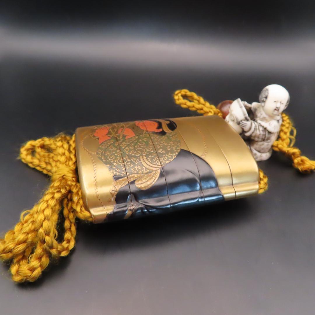 牧童と牛図蒔絵印籠（根付　唐子とひょっとこ面）